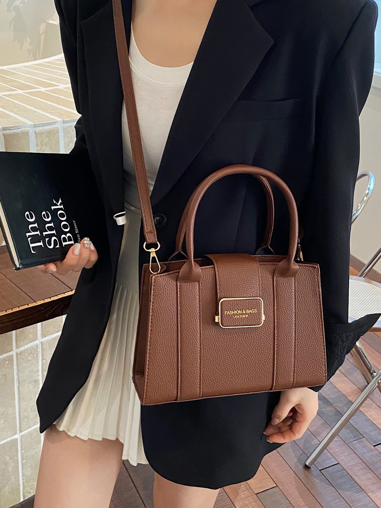 Coffee Brown Metal Badge Crossbody Bag