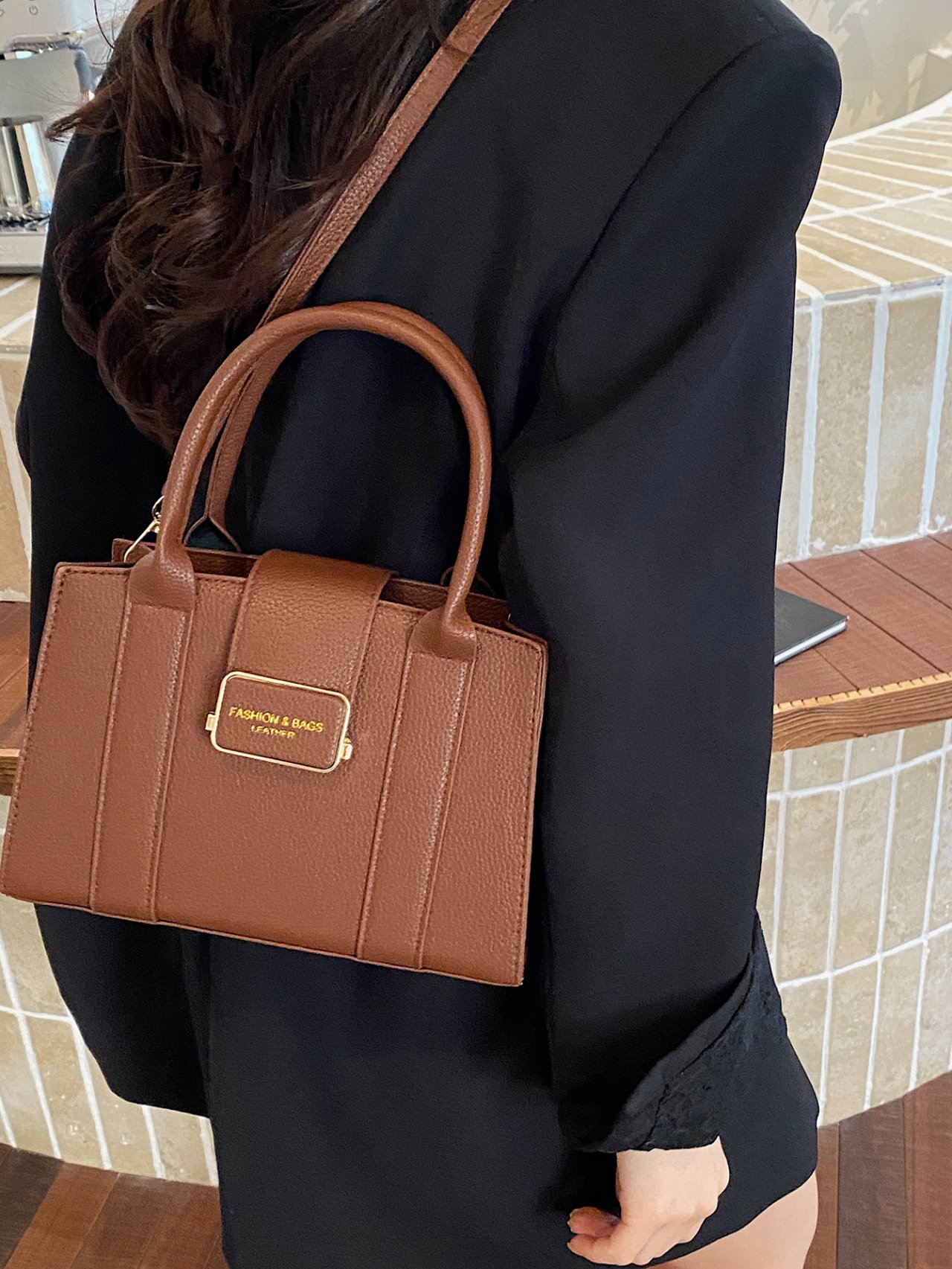 Coffee Brown Metal Badge Crossbody Bag