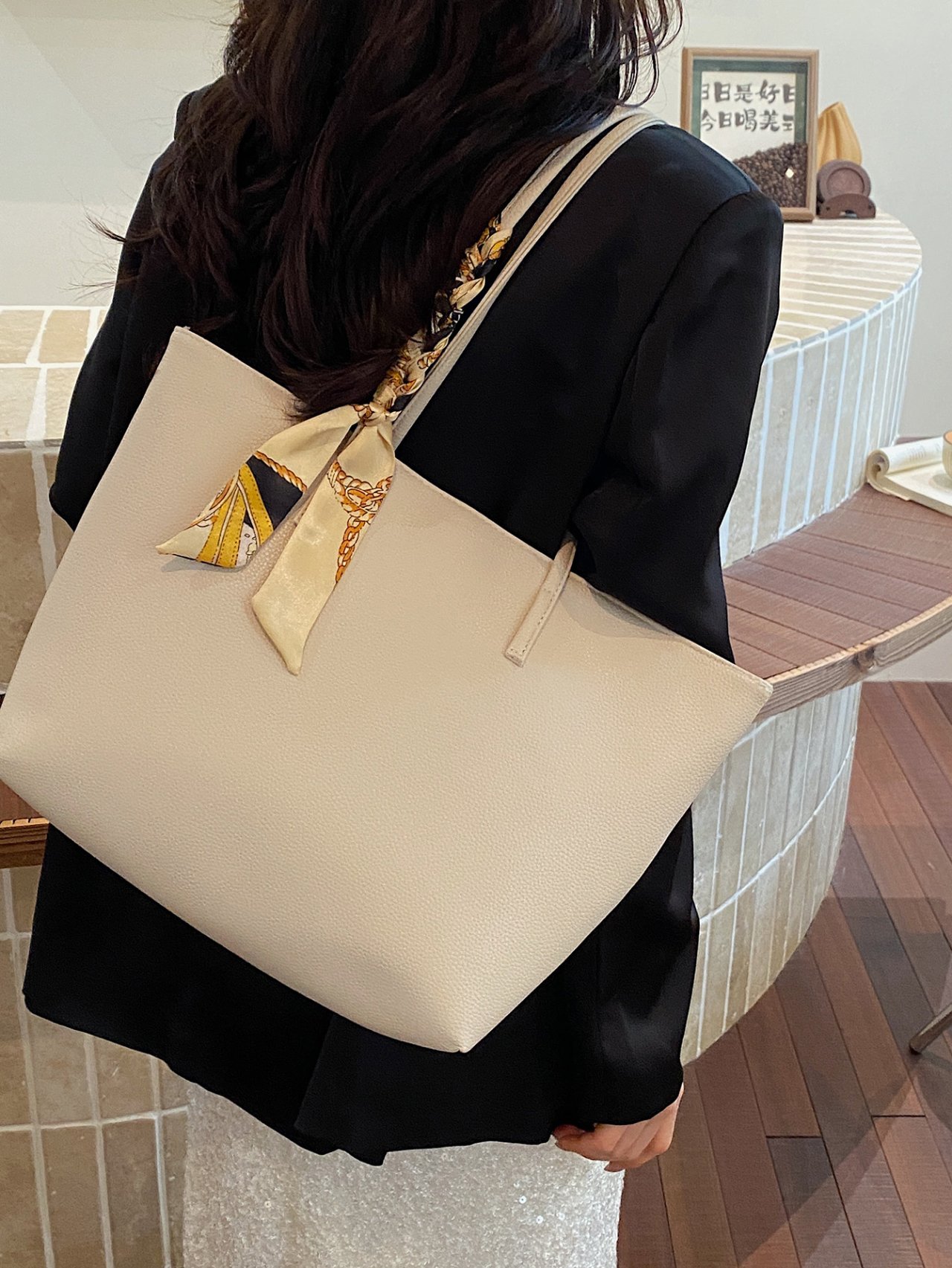 Beige Tote Shoulder Bag with Scarf Accent