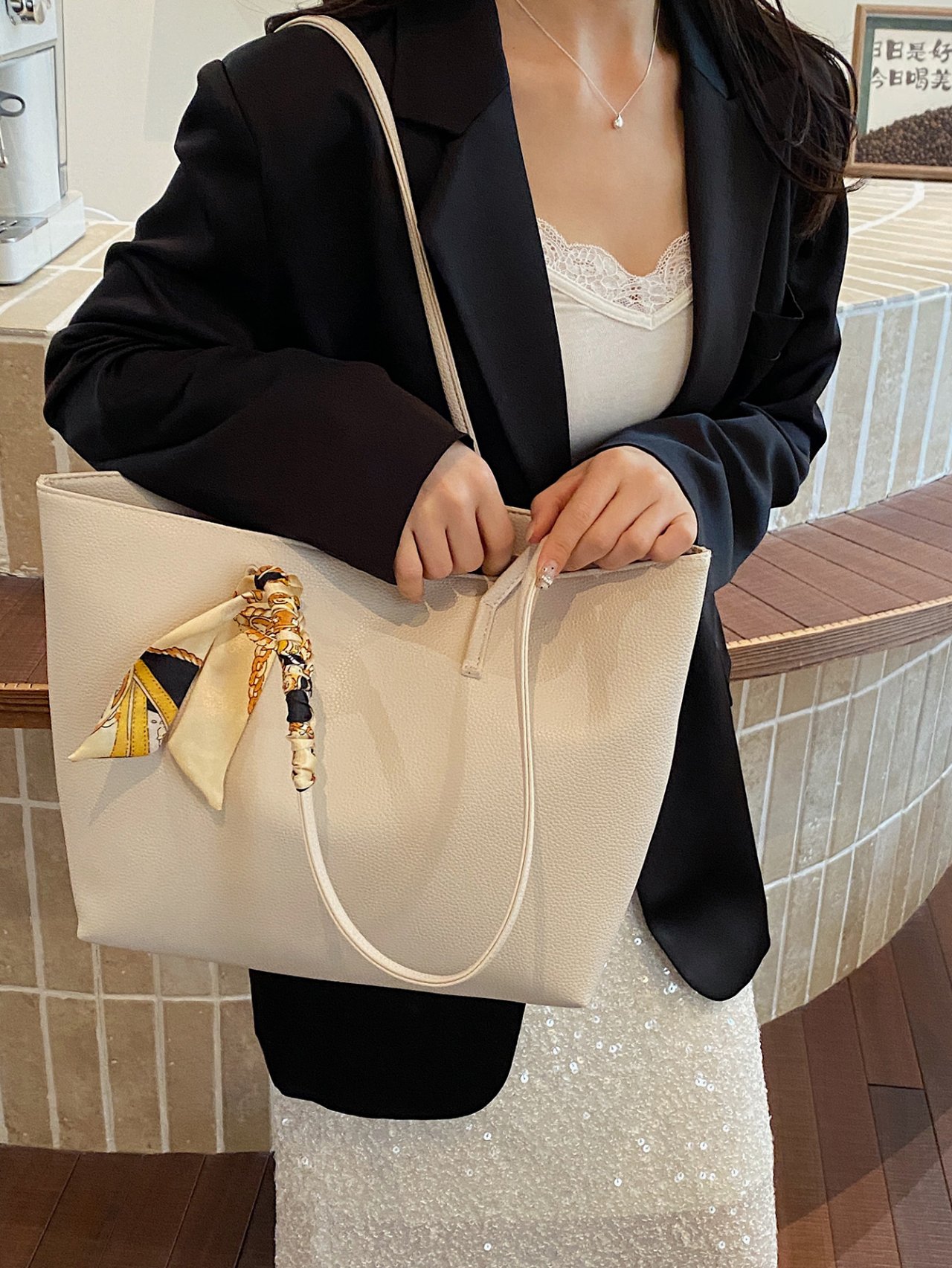 Beige Tote Shoulder Bag with Scarf Accent