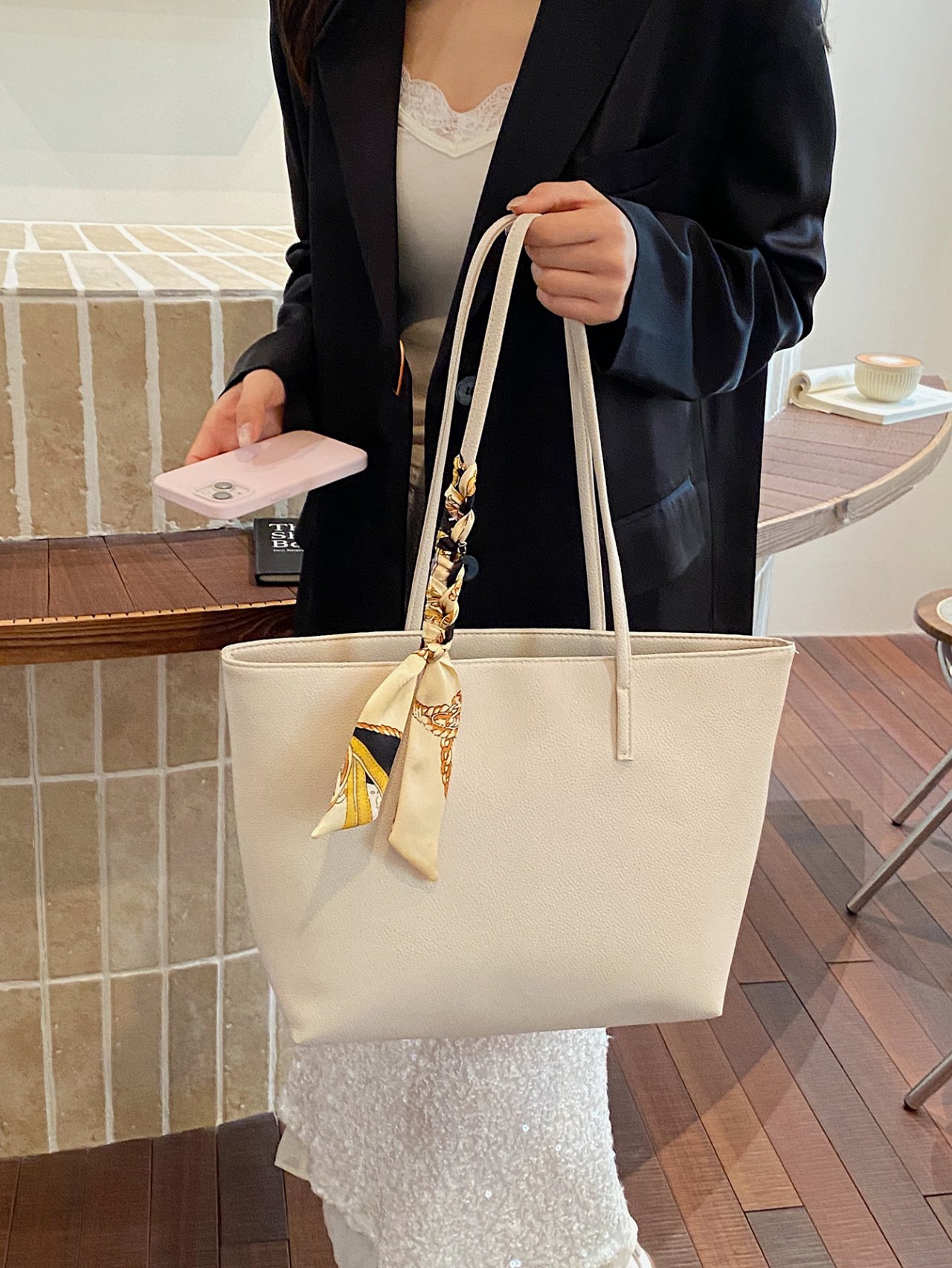 Beige Tote Shoulder Bag with Scarf Accent