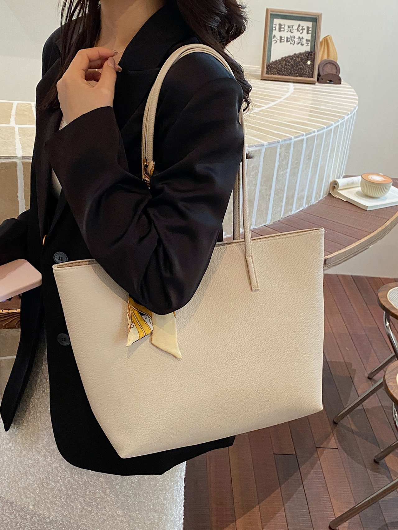 Beige Tote Shoulder Bag with Scarf Accent
