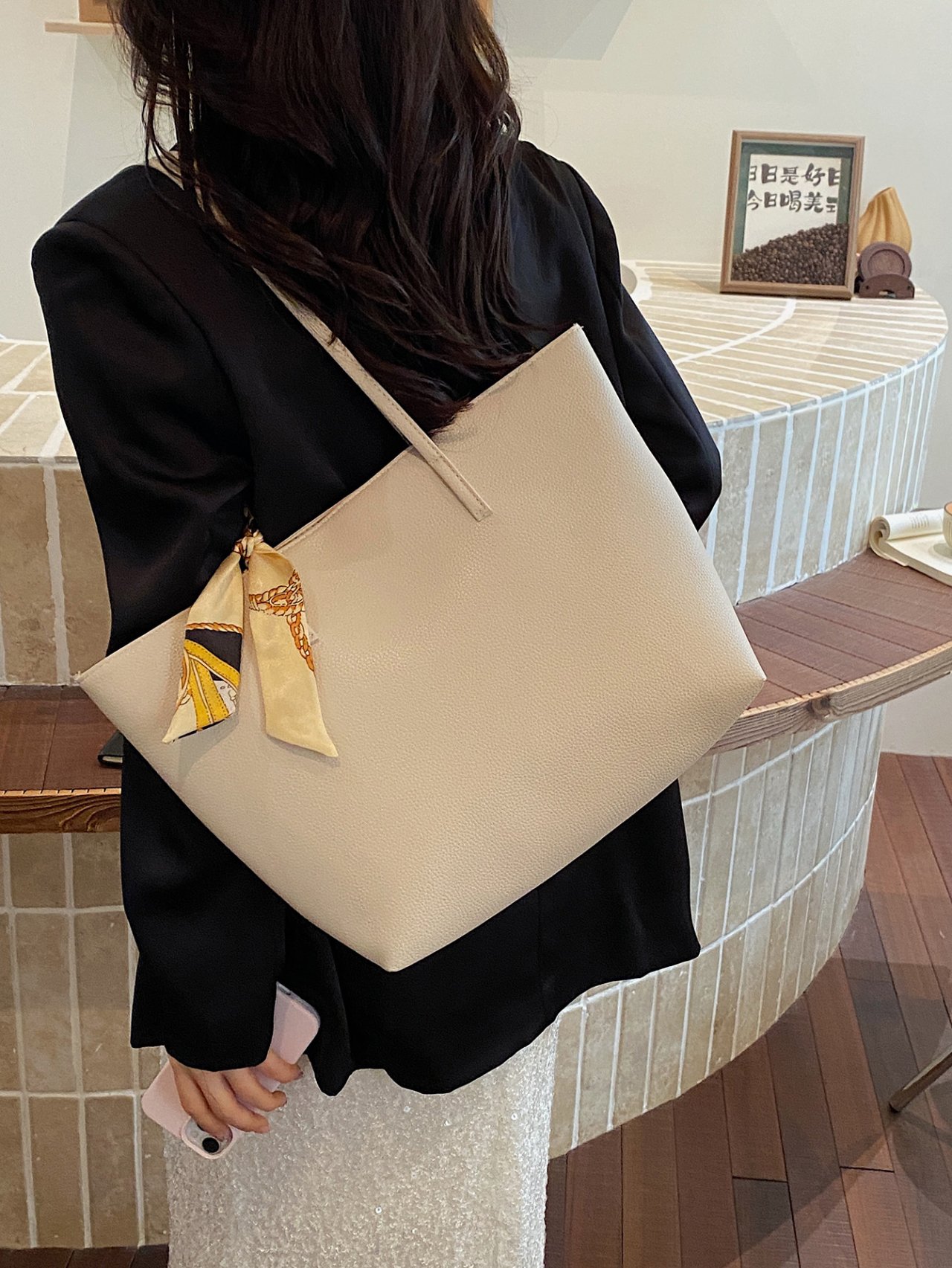 Beige Tote Shoulder Bag with Scarf Accent