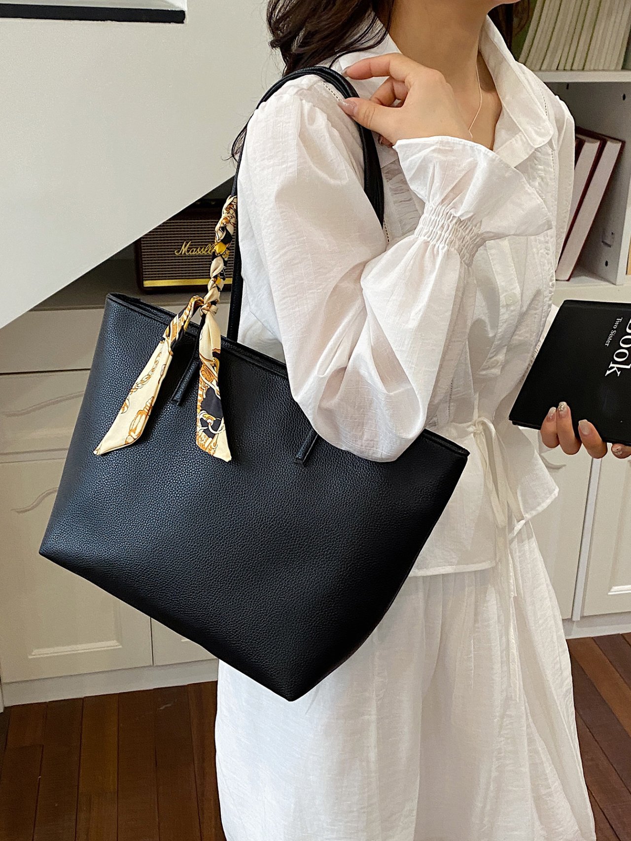 Black Faux Leather Tote Bag with Scarf Accent