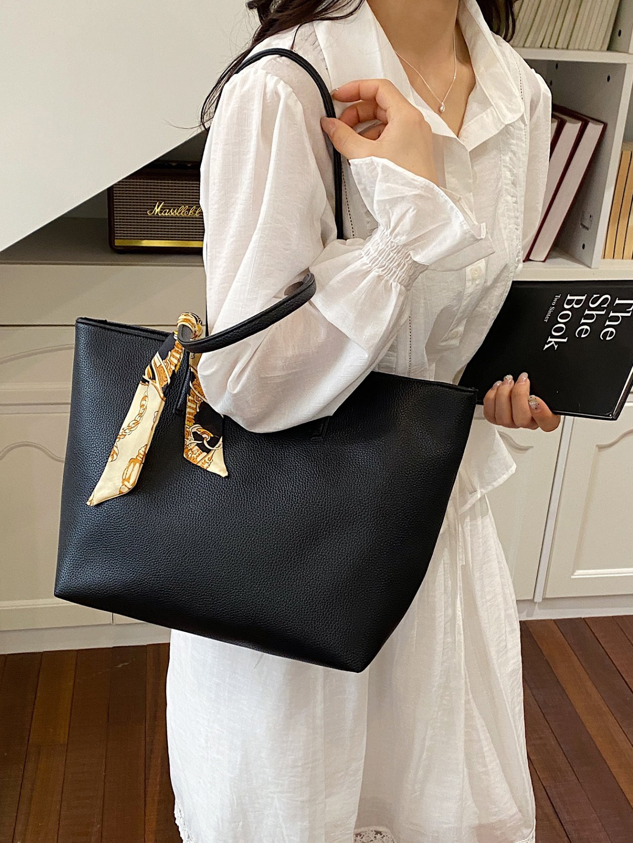 Black Faux Leather Tote Bag with Scarf Accent
