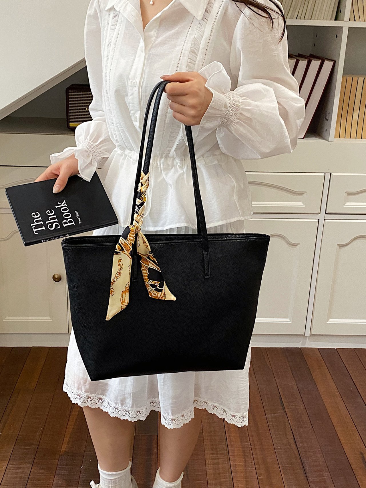 Black Faux Leather Tote Bag with Scarf Accent