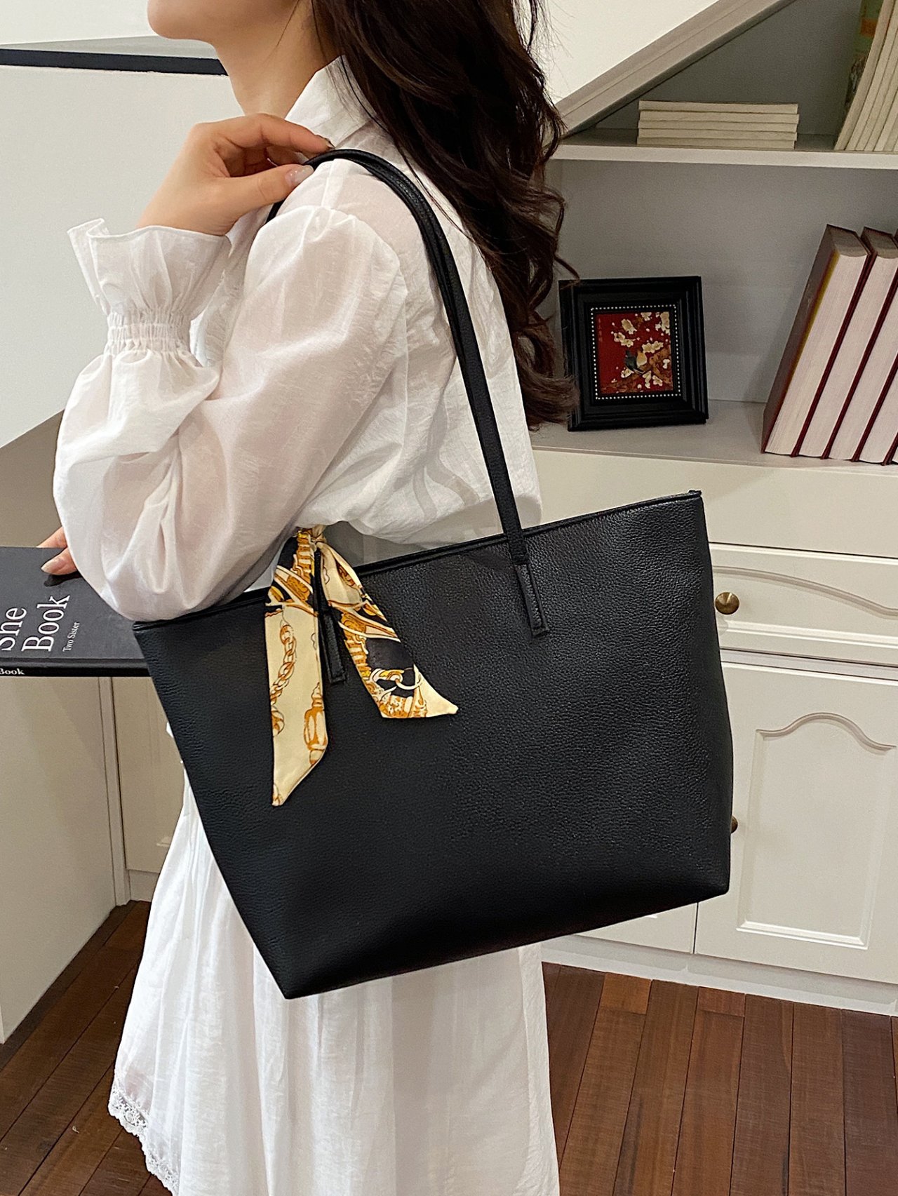 Black Faux Leather Tote Bag with Scarf Accent