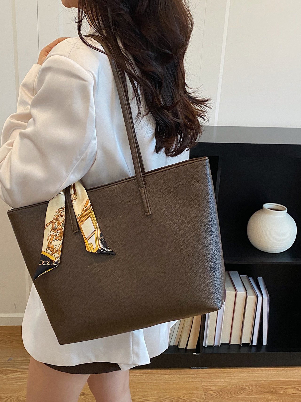 Coffee Brown Tote Bag with Decorative Scarf