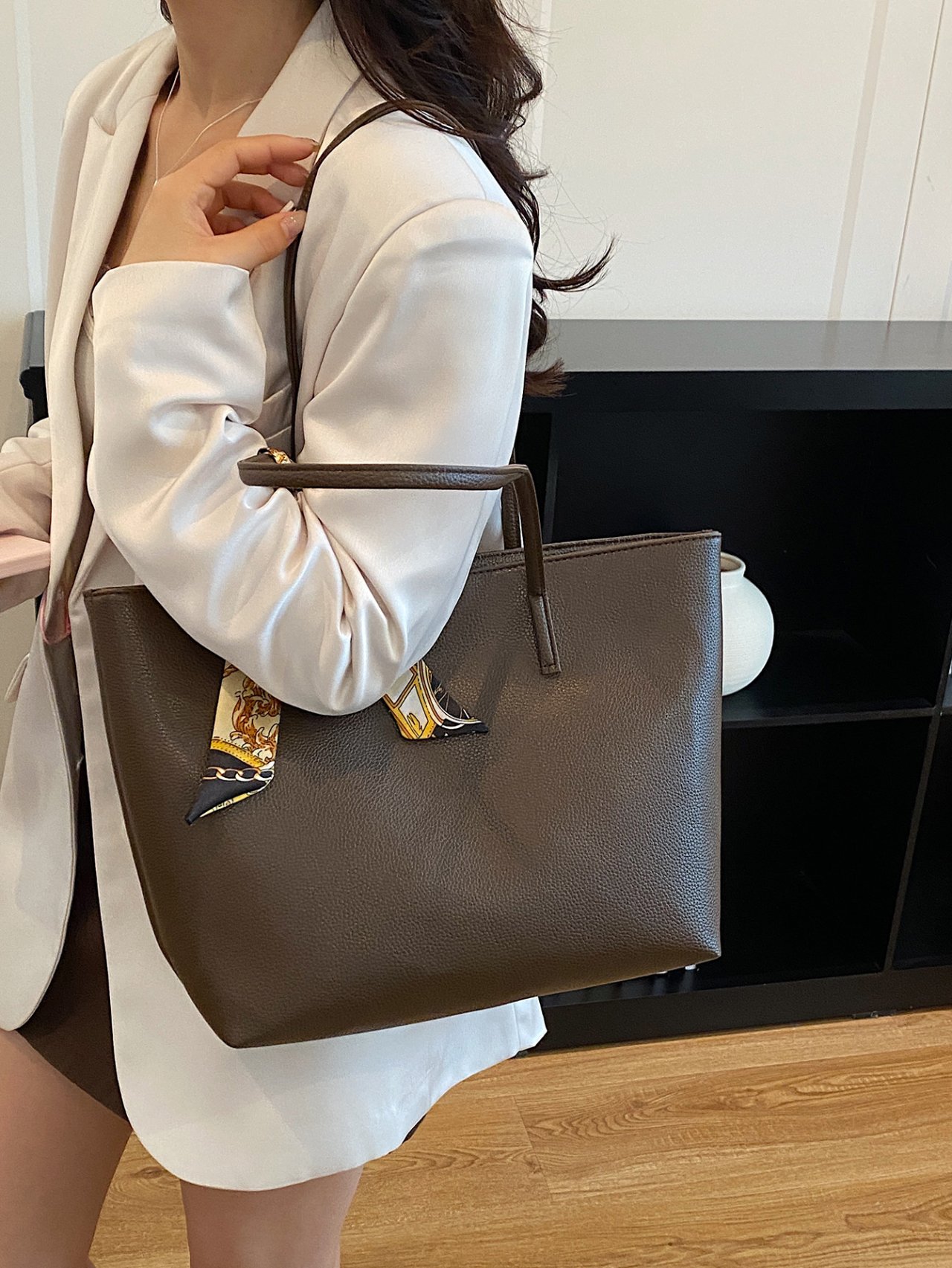 Coffee Brown Tote Bag with Decorative Scarf