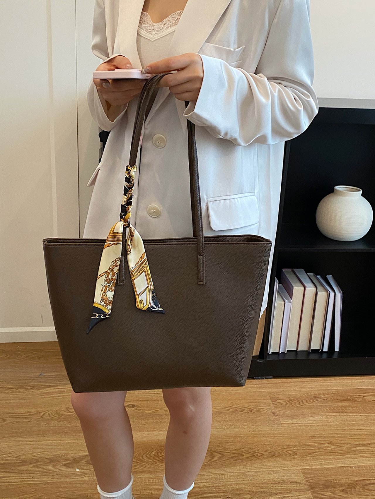 Coffee Brown Tote Bag with Decorative Scarf