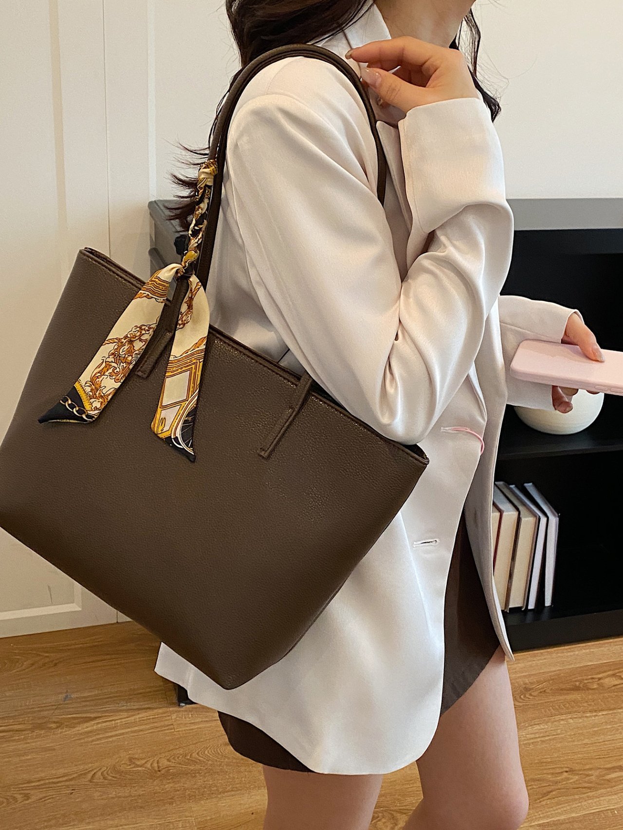 Coffee Brown Tote Bag with Decorative Scarf
