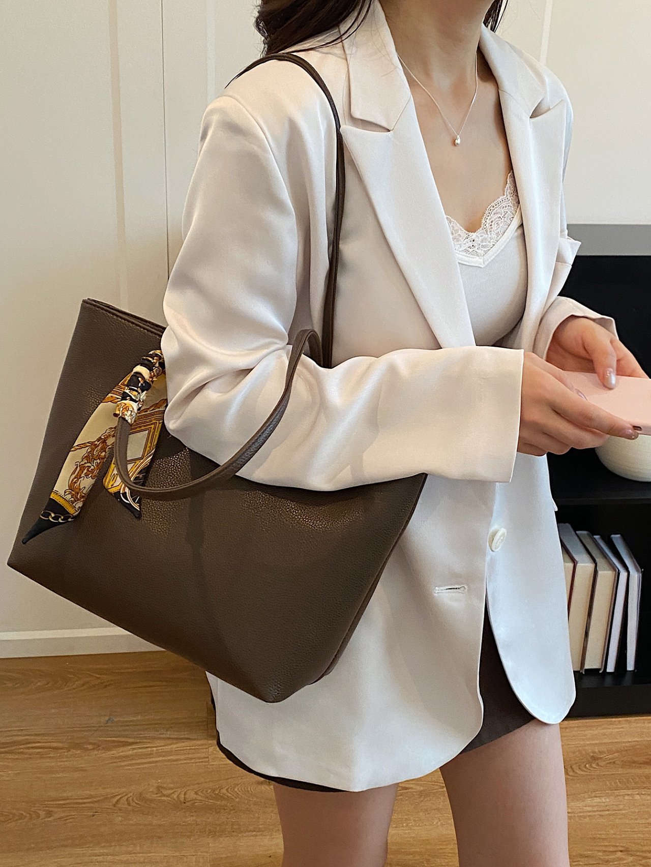 Coffee Brown Tote Bag with Decorative Scarf