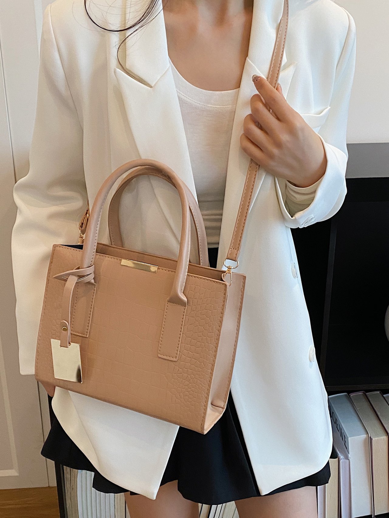 Khaki Croc-Embossed Crossbody Tote Bag