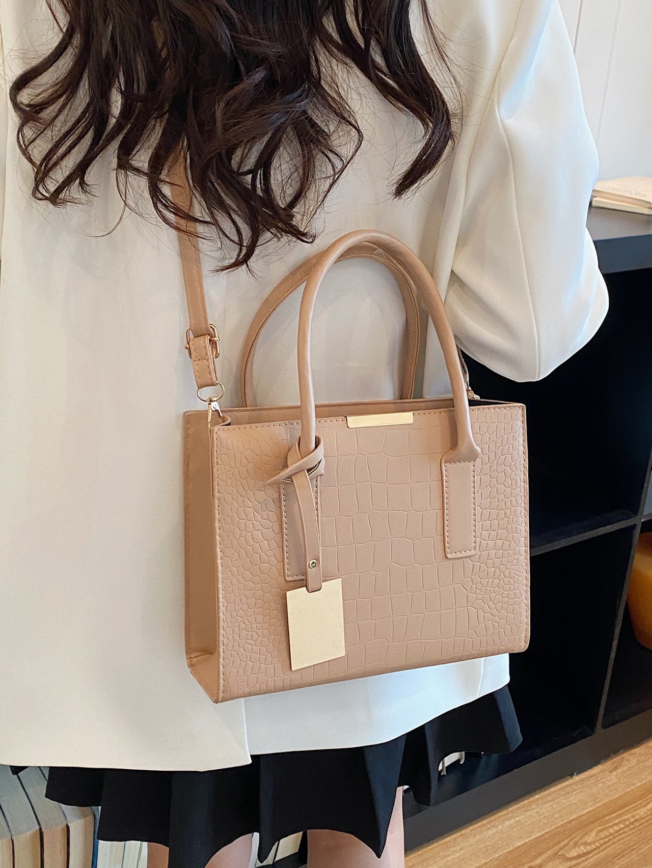 Khaki Croc-Embossed Crossbody Tote Bag
