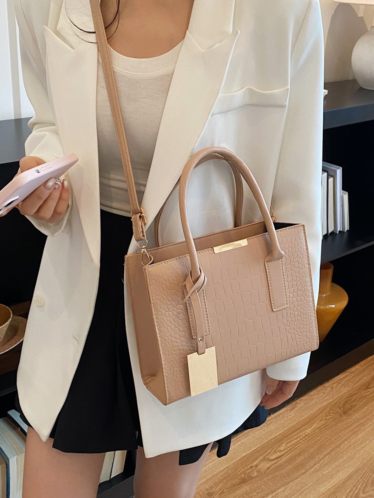 Khaki Croc-Embossed Crossbody Tote Bag