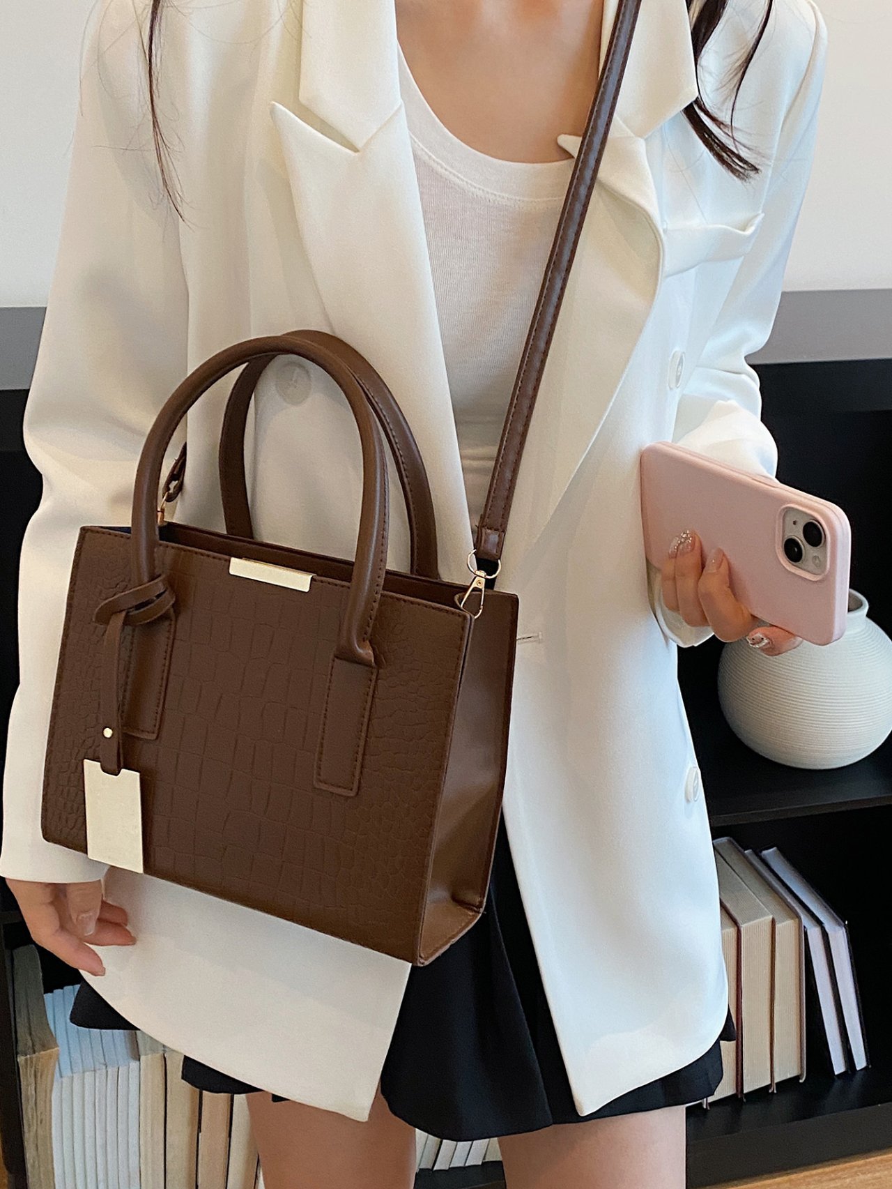 Brown Croc-Embossed Crossbody Bag