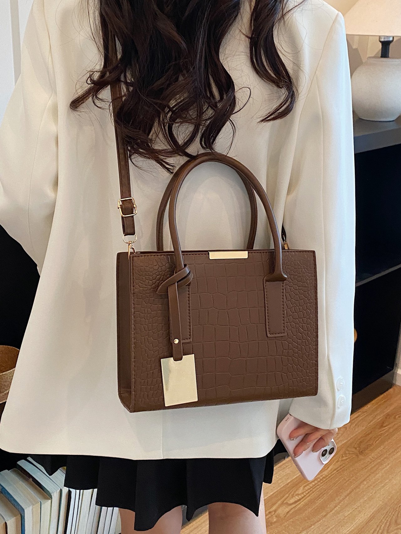Brown Croc-Embossed Crossbody Bag