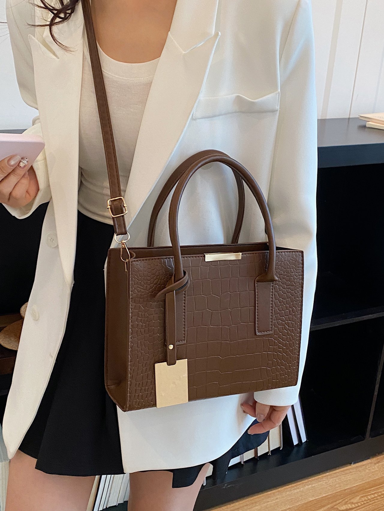 Brown Croc-Embossed Crossbody Bag