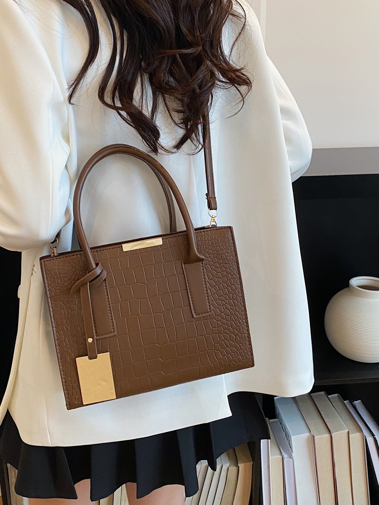 Brown Croc-Embossed Crossbody Bag