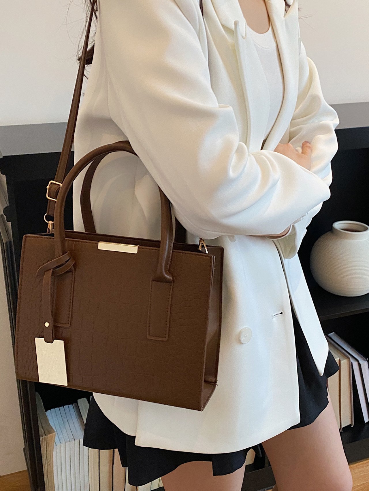 Brown Croc-Embossed Crossbody Bag
