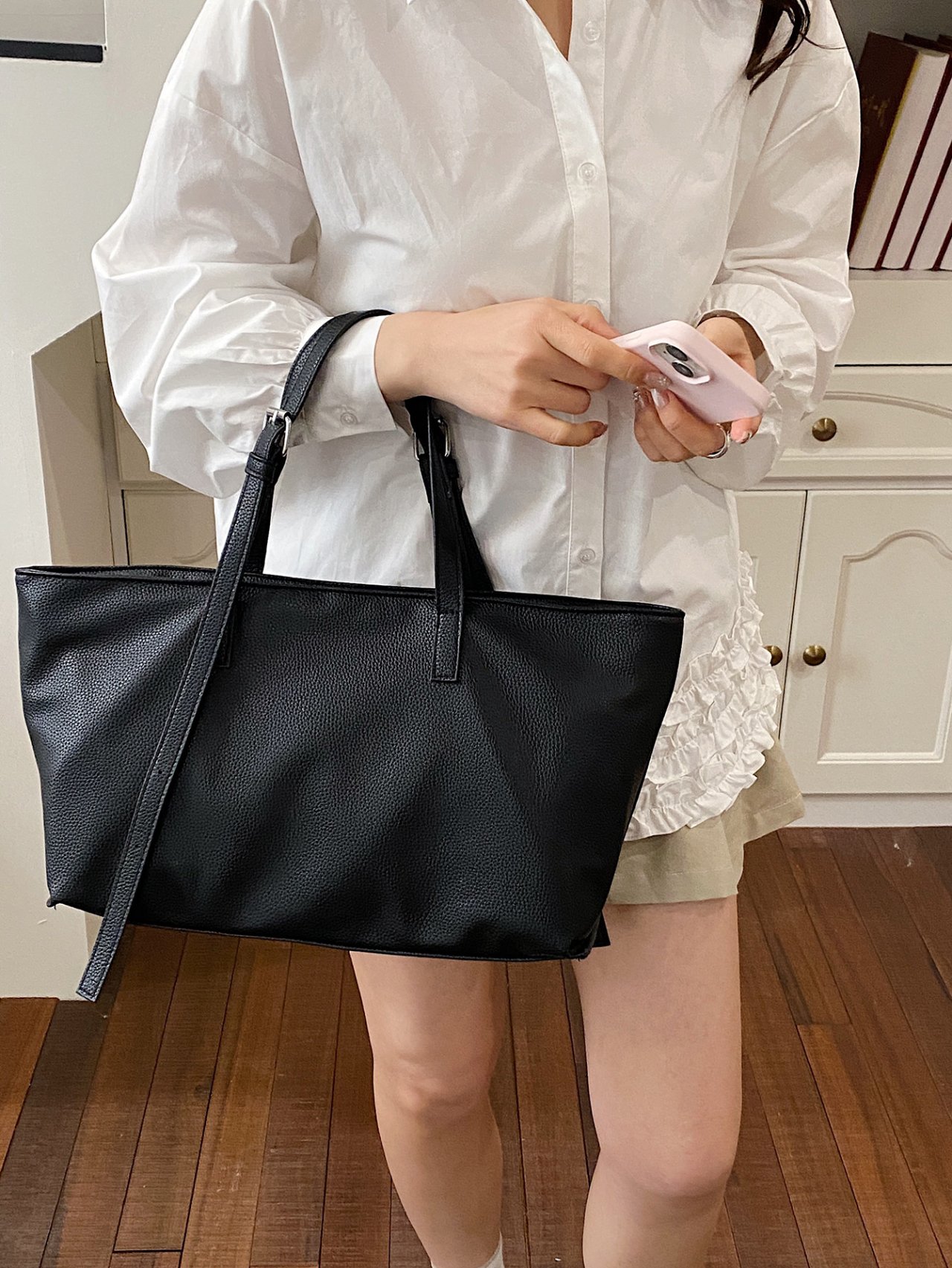 Black Faux Leather Tote Bag