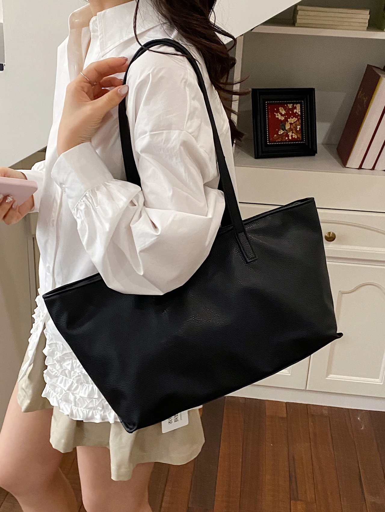 Black Faux Leather Tote Bag