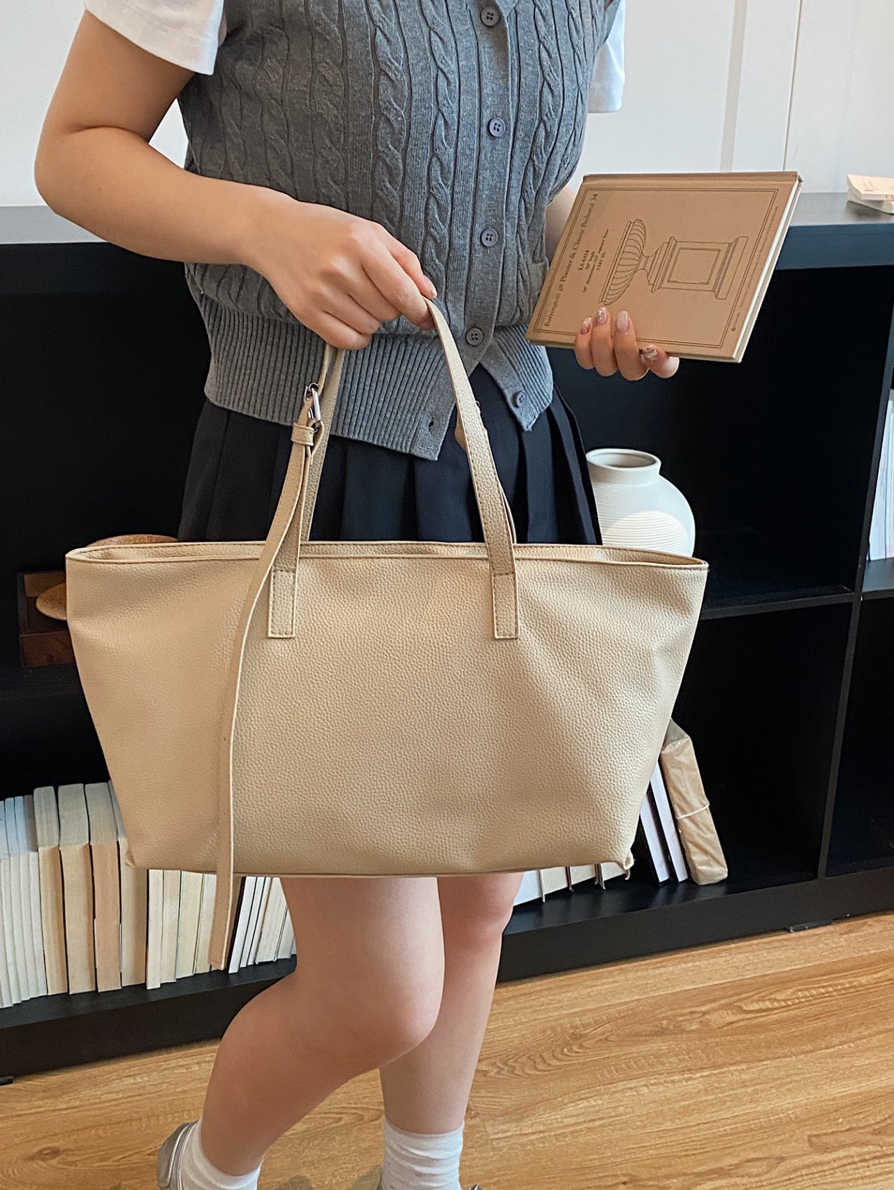 Beige Faux Leather Tote Shoulder Bag
