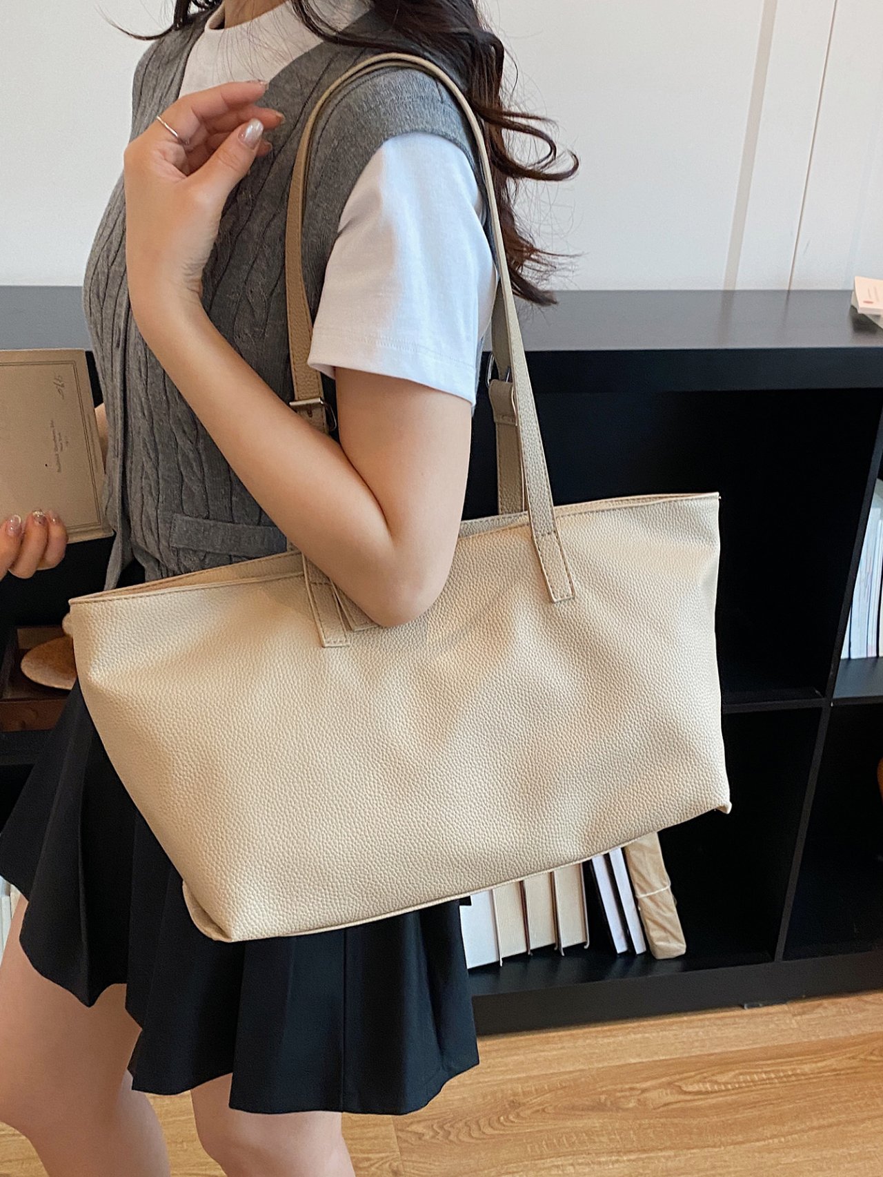 Beige Faux Leather Tote Shoulder Bag