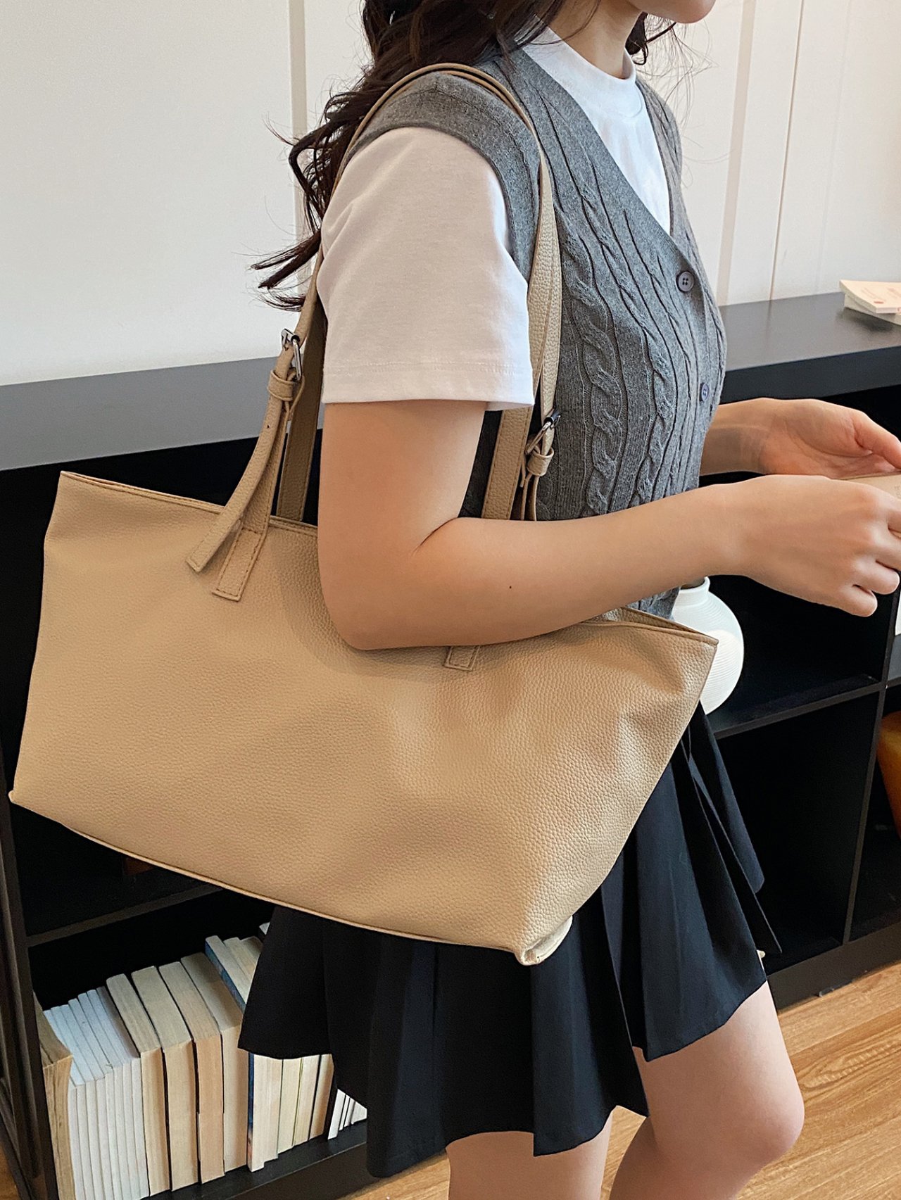Beige Faux Leather Tote Shoulder Bag