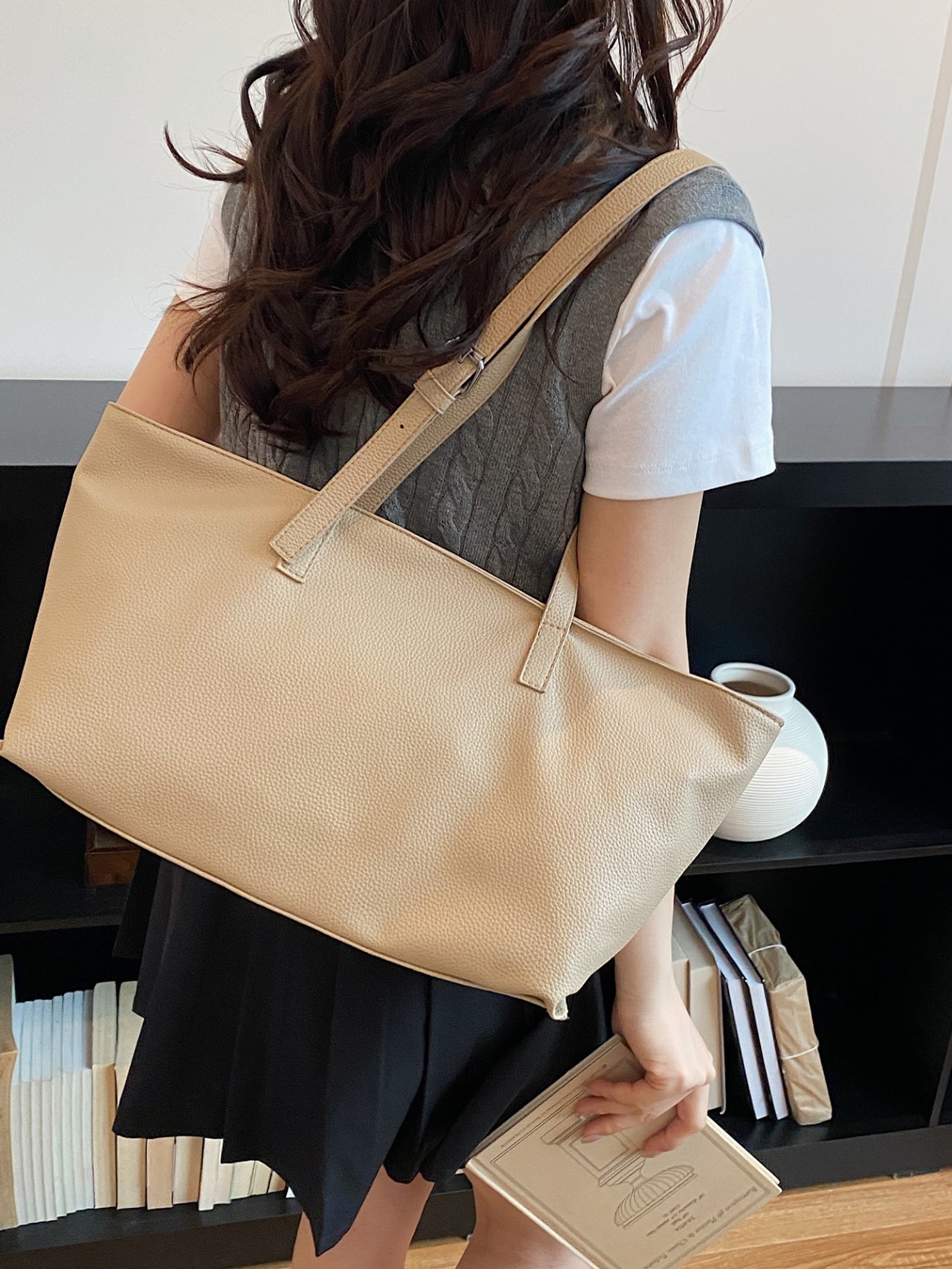 Beige Faux Leather Tote Shoulder Bag