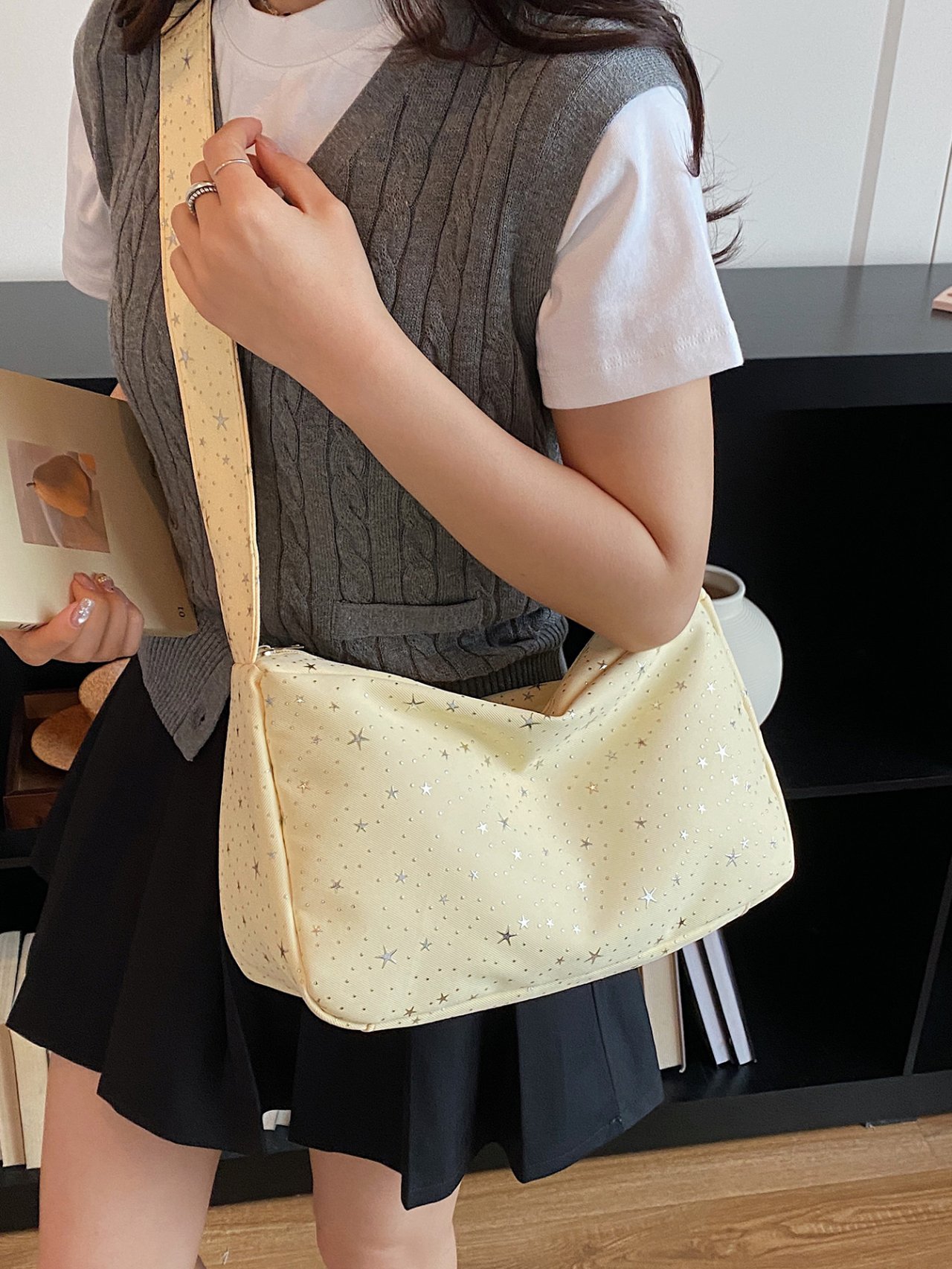 Yellow Star-Pattern Crossbody Bag
