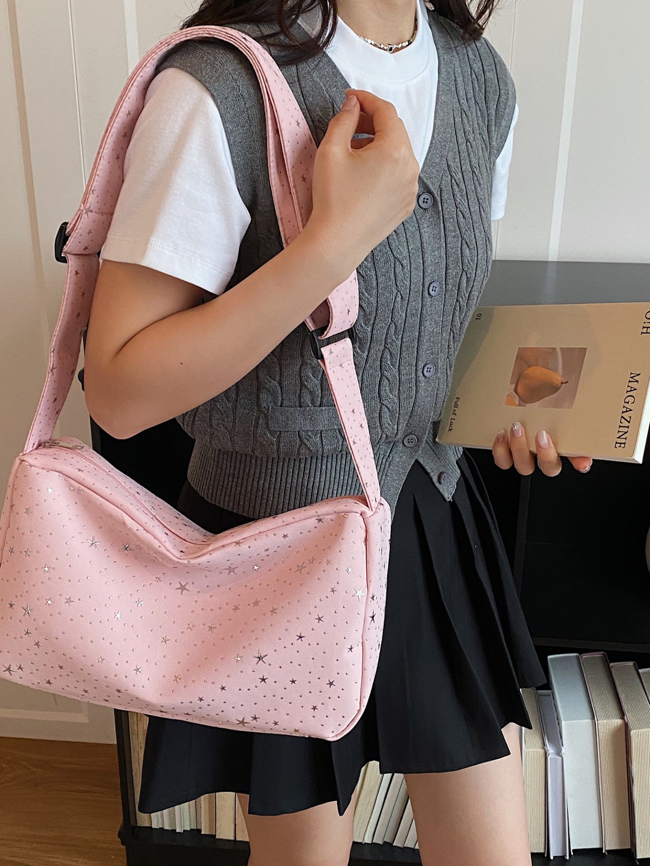 Pink Starry Crescent Crossbody Bag