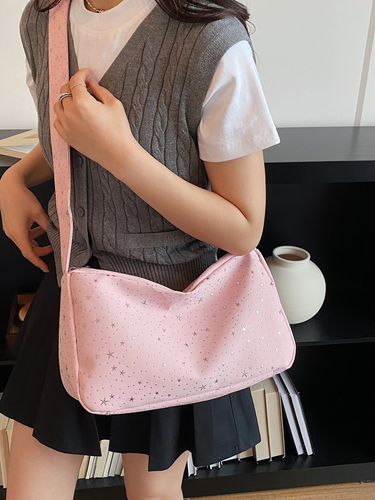 Pink Starry Crescent Crossbody Bag
