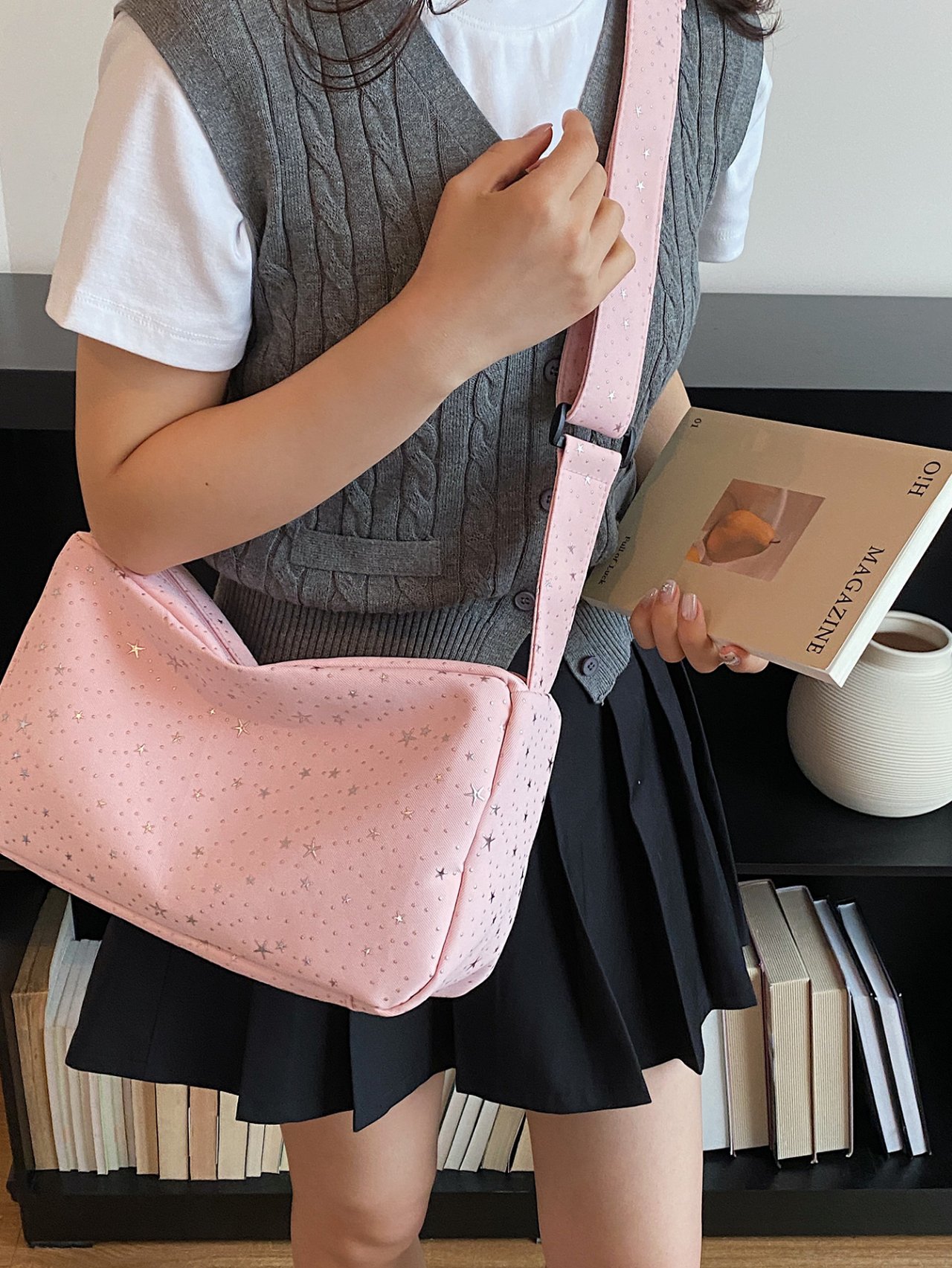Pink Starry Crescent Crossbody Bag