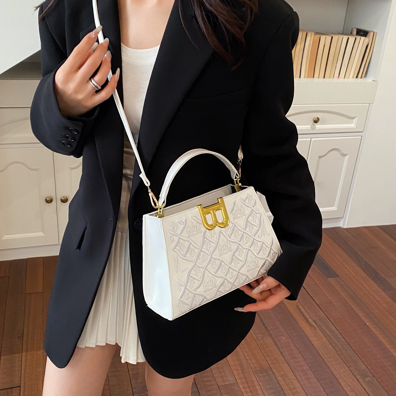 White Crossbody Bag with B Embellishment
