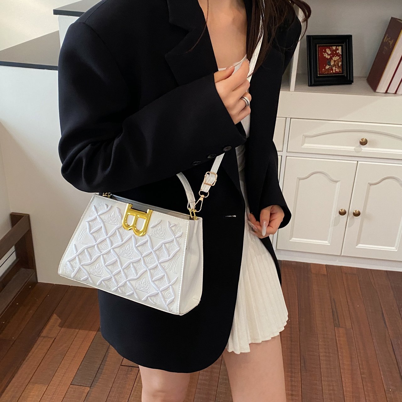 White Crossbody Bag with B Embellishment