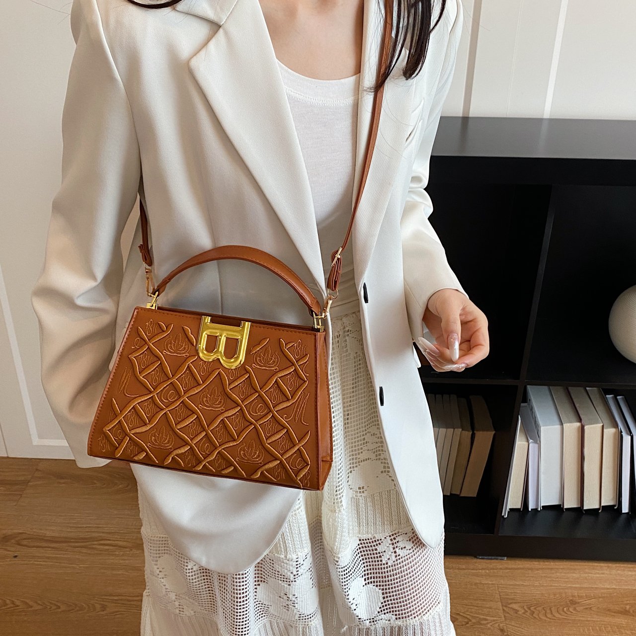 Brown Embossed Crossbody Bag