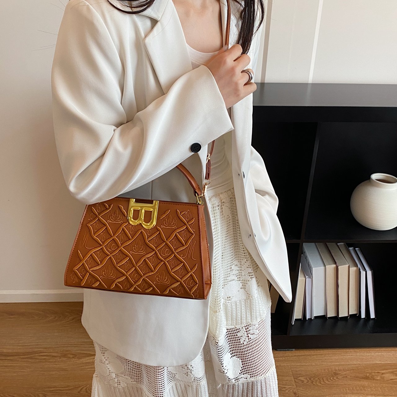 Brown Embossed Crossbody Bag