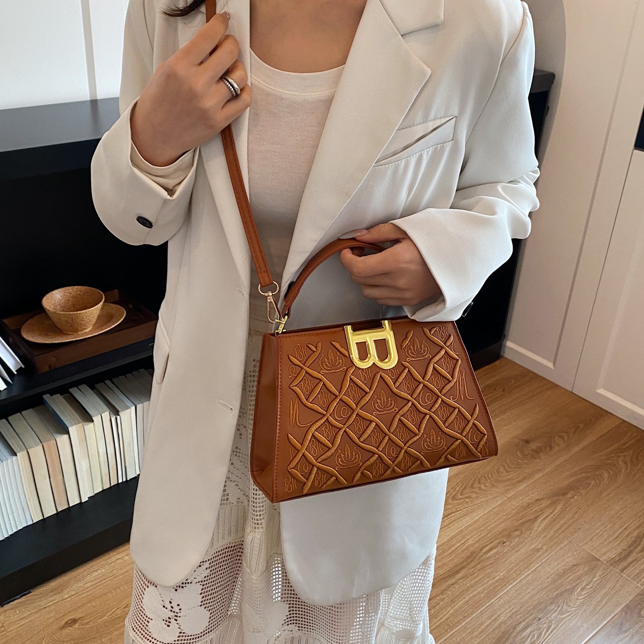 Brown Embossed Crossbody Bag
