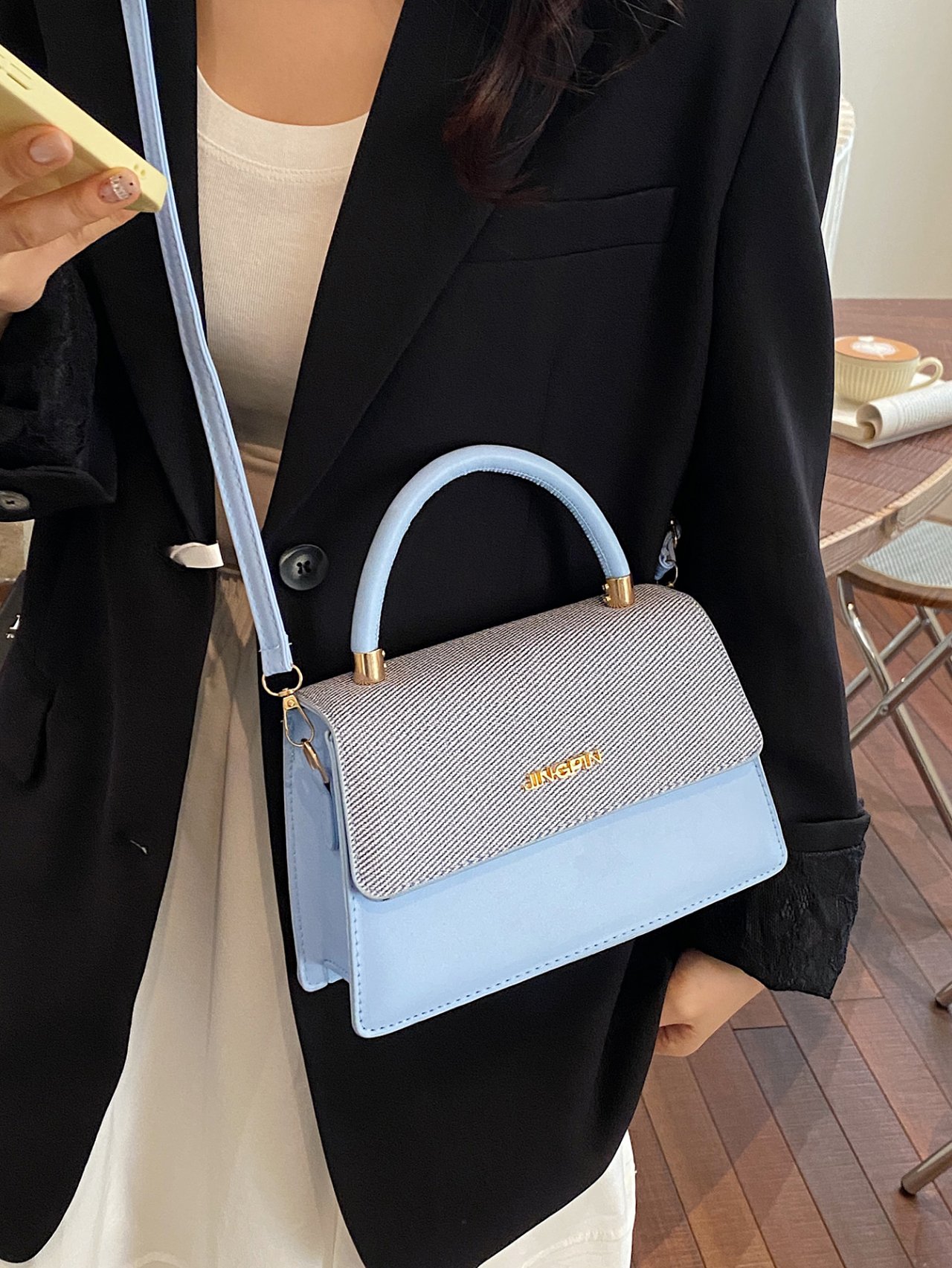 Blue Two-Tone Crossbody Bag with Top Handle