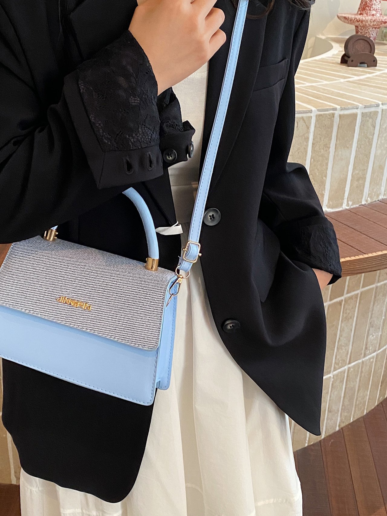 Blue Two-Tone Crossbody Bag with Top Handle