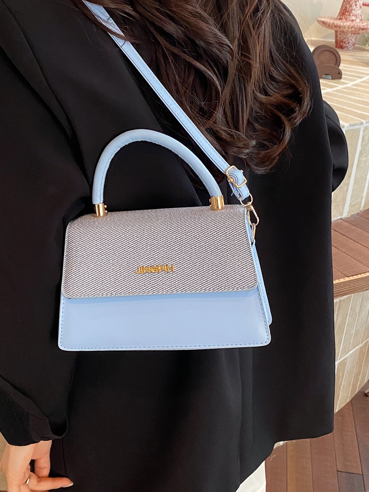 Blue Two-Tone Crossbody Bag with Top Handle