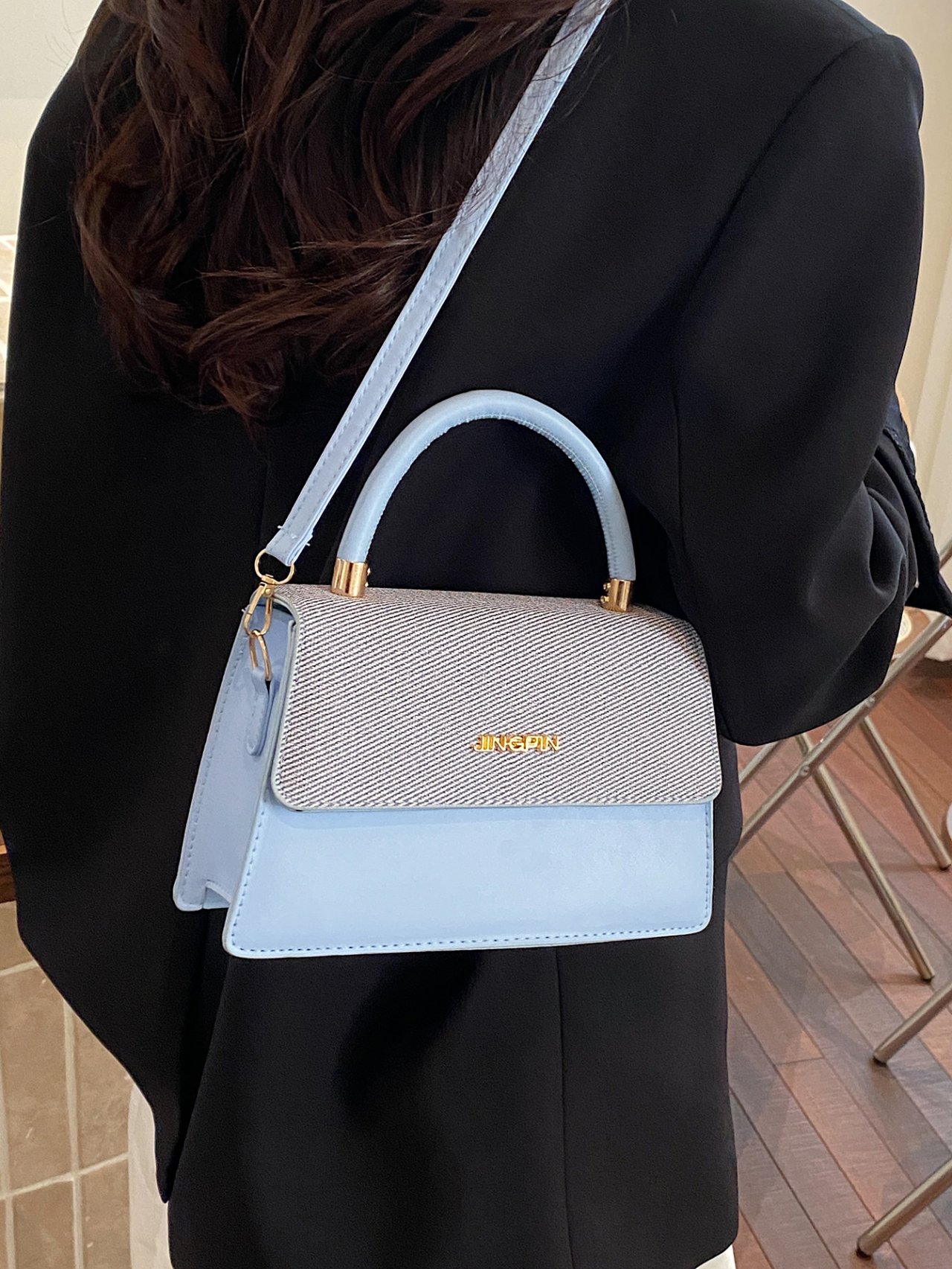 Blue Two-Tone Crossbody Bag with Top Handle