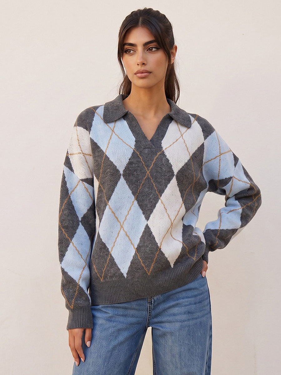 Argyle Texture Collared Sweater
