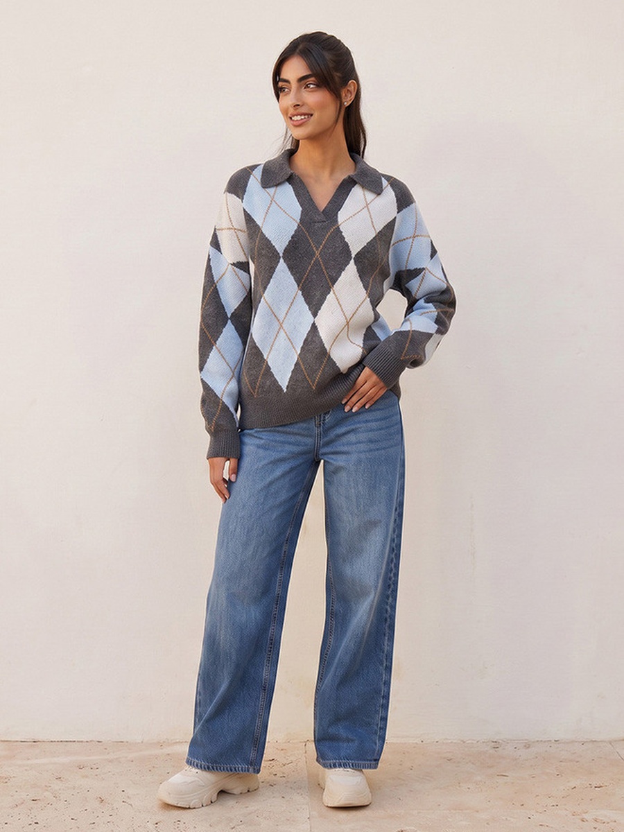 Argyle Texture Collared Sweater