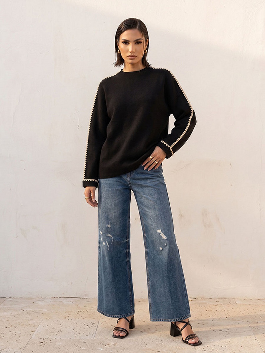 Blanket Stitch Trim Crew Neck Sweater
