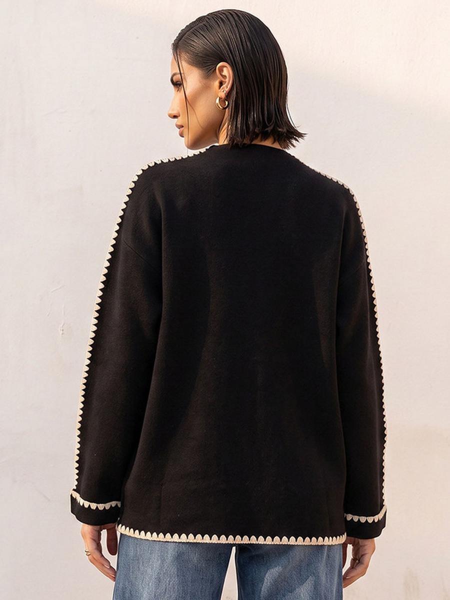 Blanket Stitch Trim Crew Neck Sweater