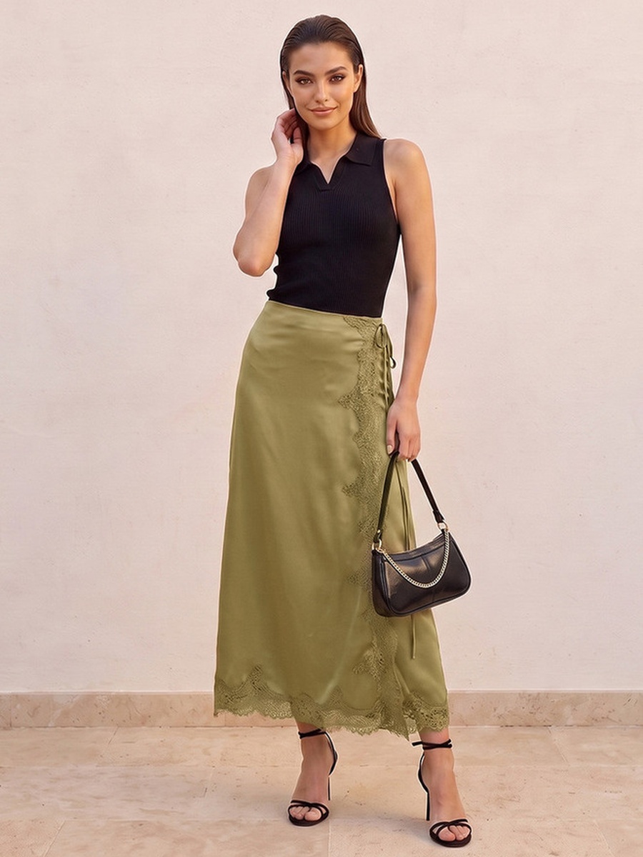 Midi Wrap Skirt with Lace Trim