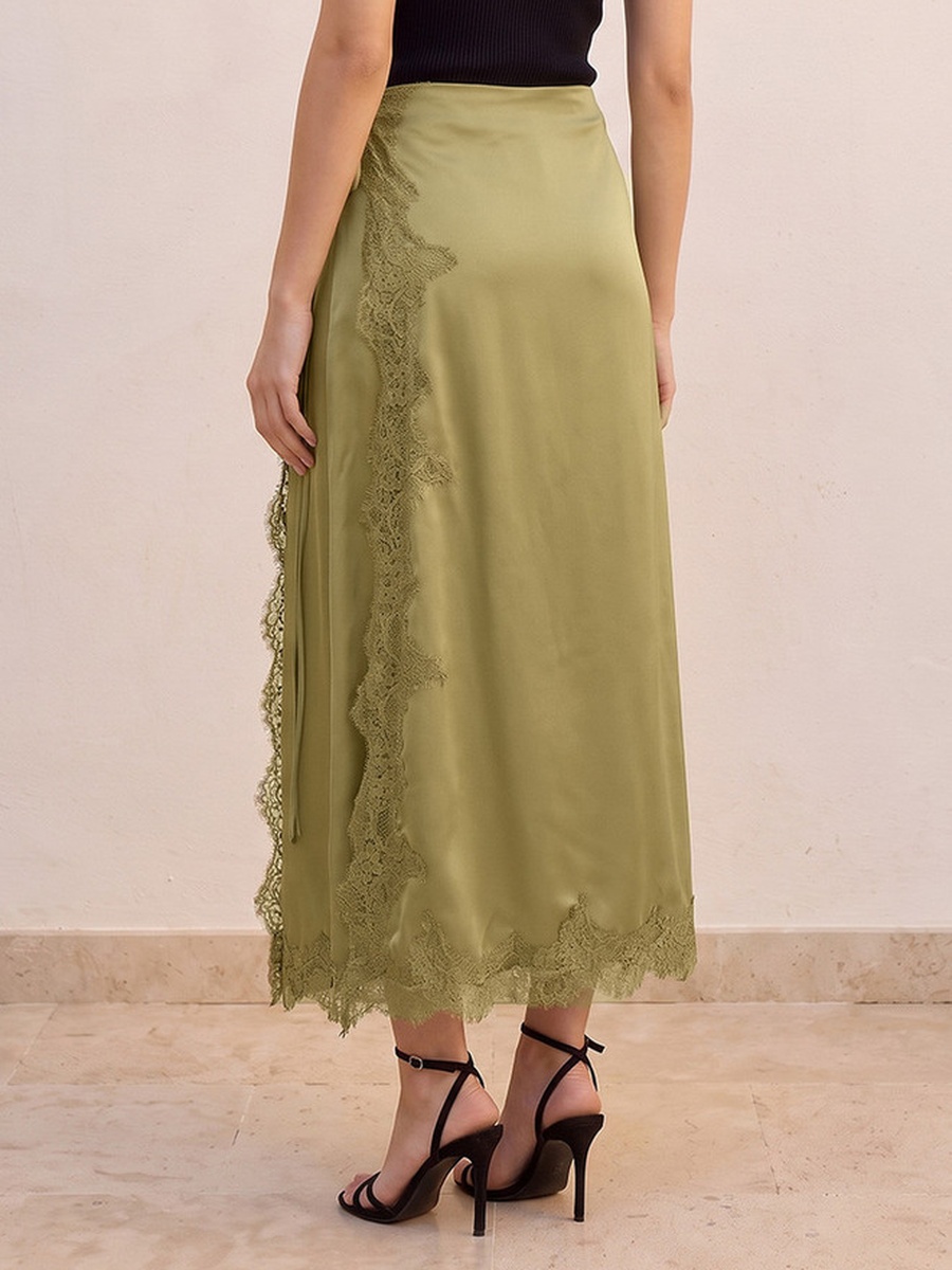 Midi Wrap Skirt with Lace Trim