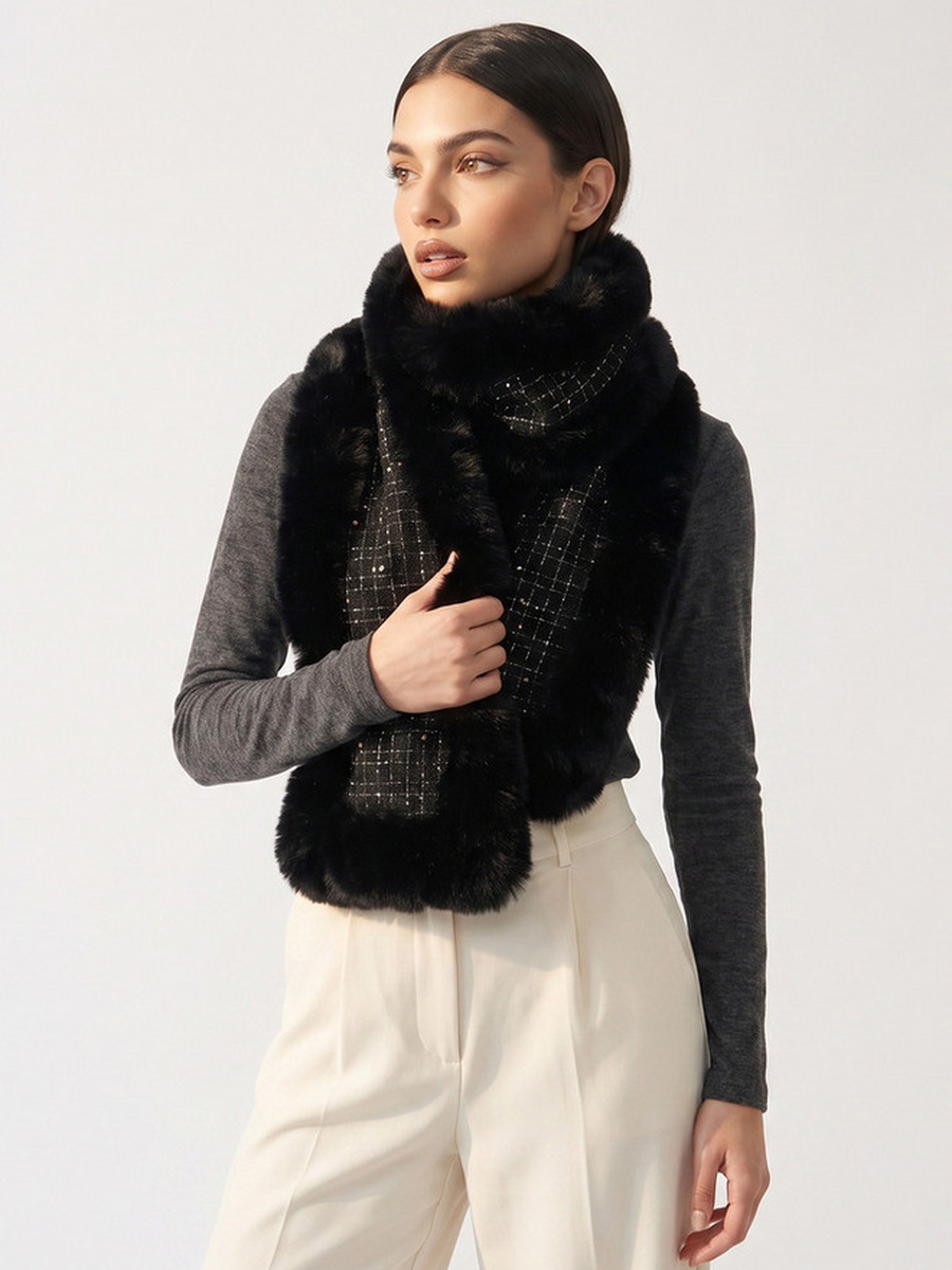 Tweed Fur Trim Square Scarf